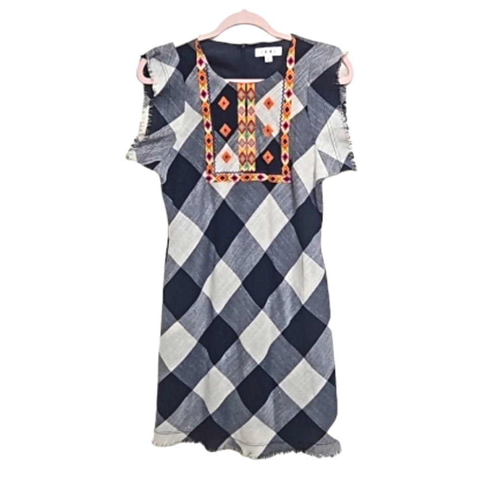 THML Checkered embroidered fringe sleeves dress women's size Medium - Picture 2 of 12